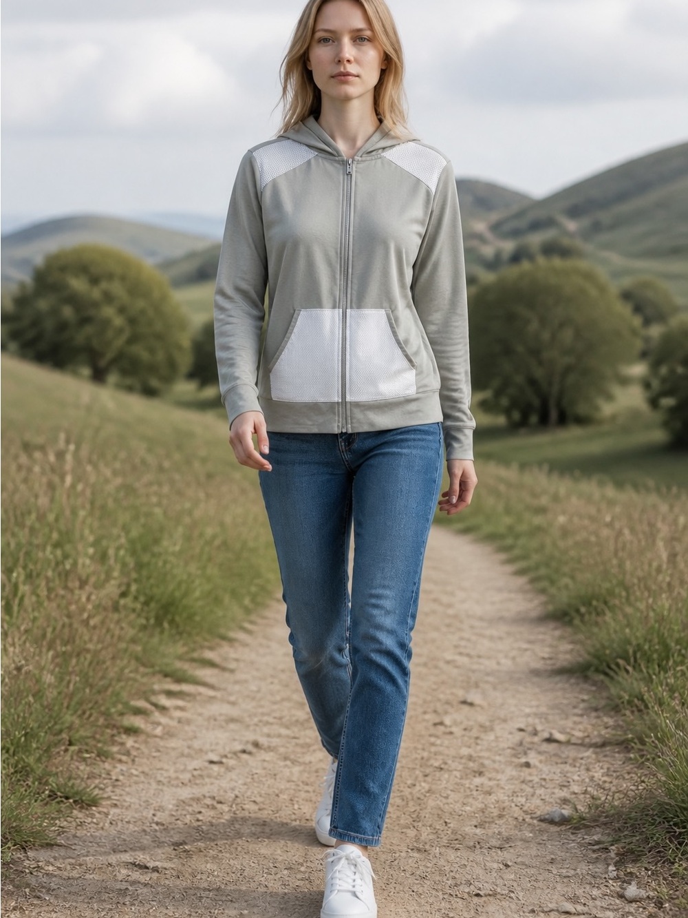 Light Gray Zip-Up Hoodie with White Accents